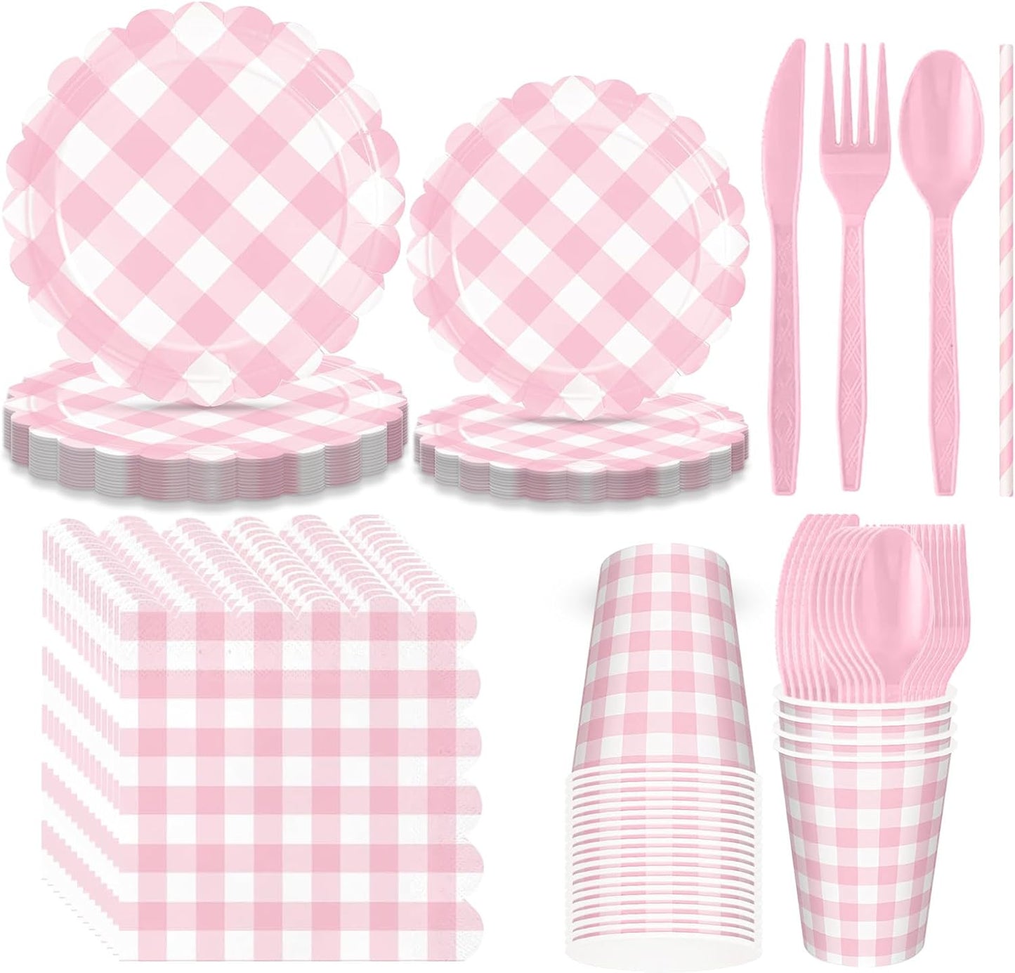 192 PCS Gingham Party Supplies Serve 24 Guests Gingham Plates and Napkins and Cups for Birthday Decorations Baby Shower Checkered Party Supplies Dinnerware Sets for Girl Boy Light Pink White
