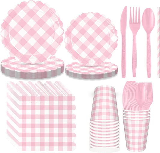 192 PCS Gingham Party Supplies Serve 24 Guests Gingham Plates and Napkins and Cups for Birthday Decorations Baby Shower Checkered Party Supplies Dinnerware Sets for Girl Boy Light Pink White