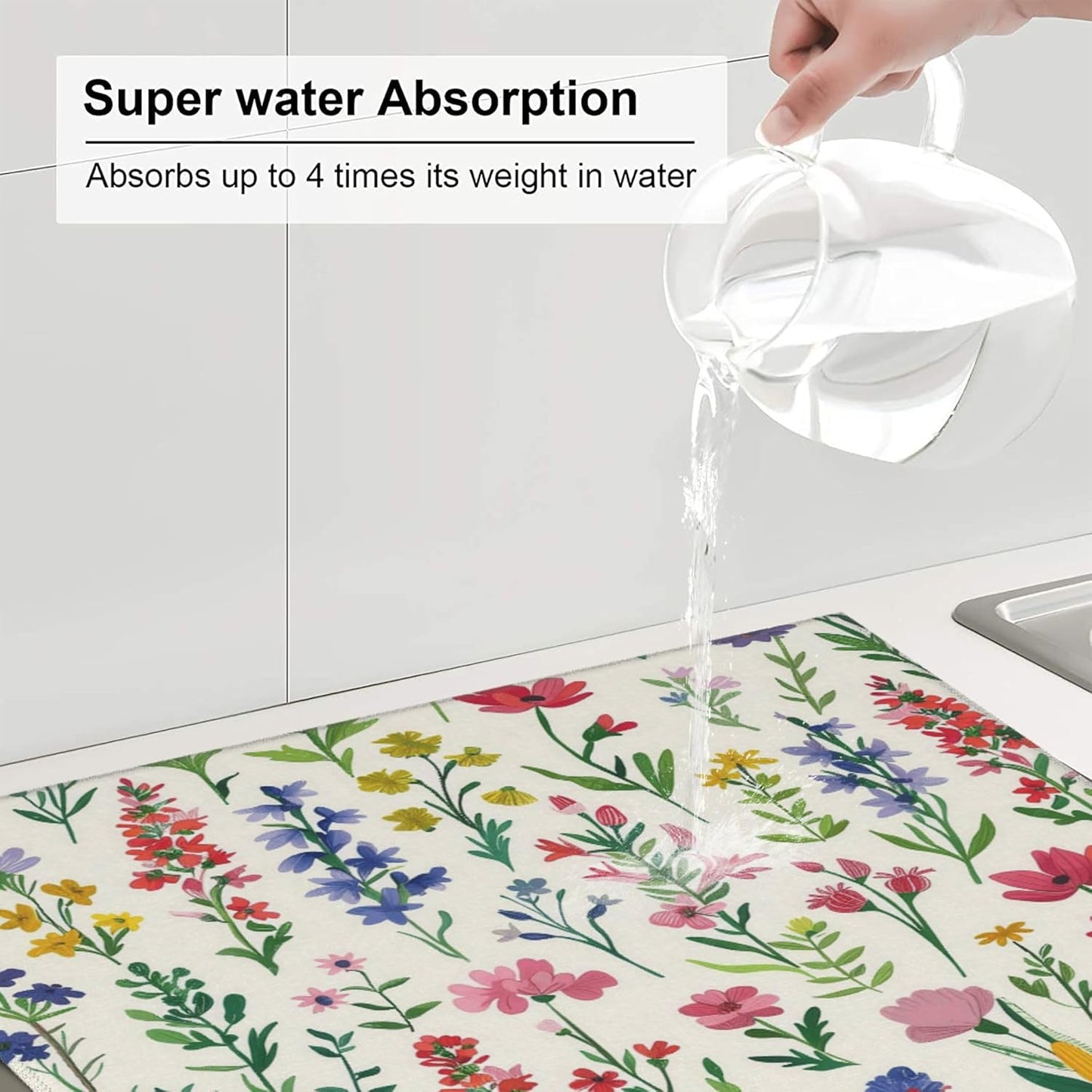 Watercolor Wildflower Dish Drying Mat for Kitchen Counter, 16"x18" Microfiber Absorbent Fast Dry Mat, 2Pcs Dish Mat Faucet Mats Sets, Large Drying Kitchen Mat Kitchen Drying Pad Coffee Bar Decor Gifts