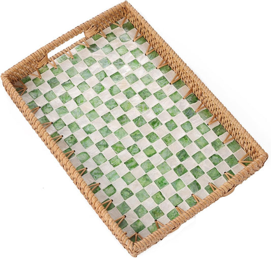 Rectangle Rattan Tray with Mother of Pearl Inlay, Rattan Serving Tray with Handle for Coffee, Bread, Fruits, Decorative Wicker Tray for Table Decor (Rectangle Green Checkerboard, 13"×9")
