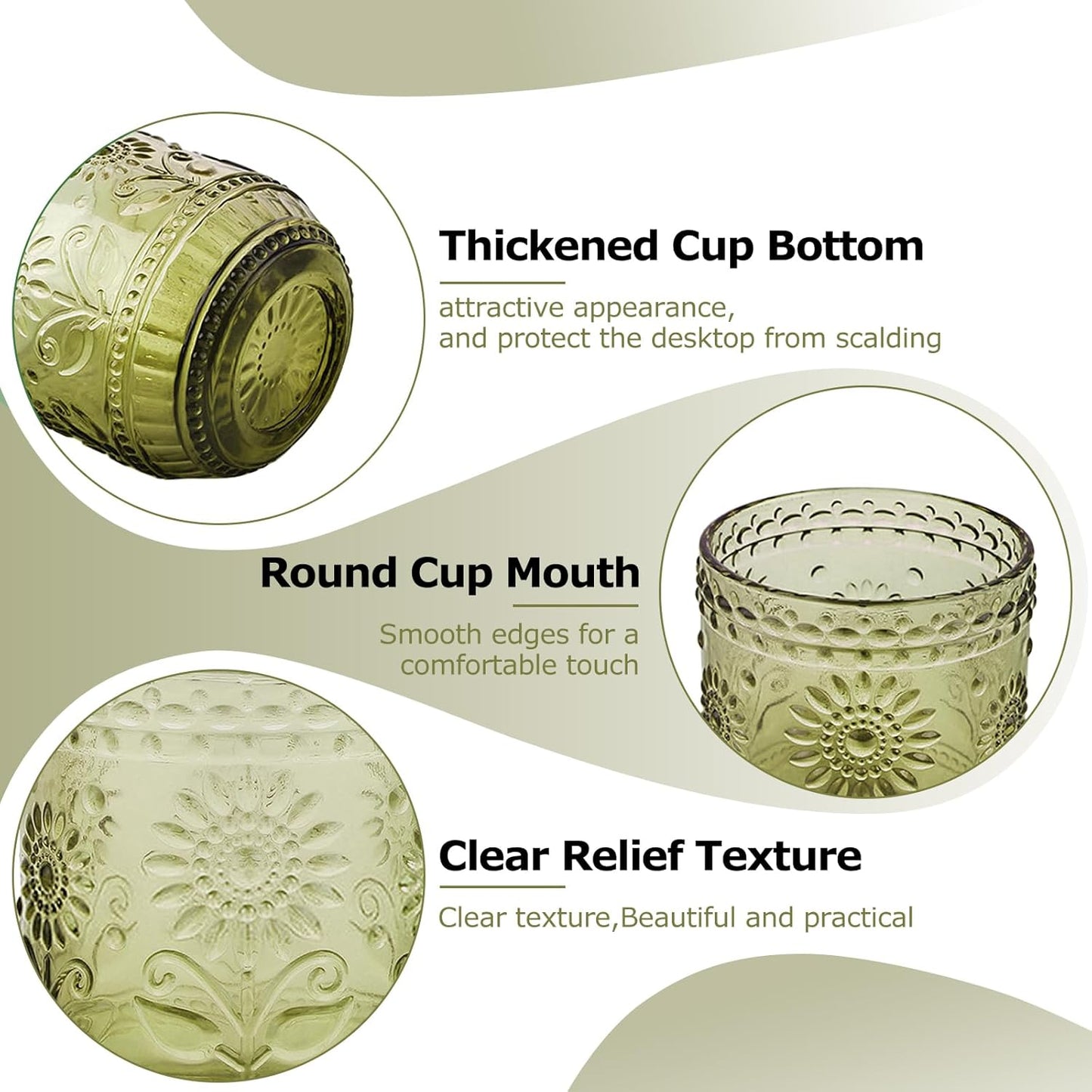 Glass Cups, Vintage Glassware Drinking Glass Set of 4, 12oz Colored Glassware with Sunflower Design, Embossed Floral Decorative Glasses Drinking Set for Beverage, Vintage Drinking Glasses (Green)