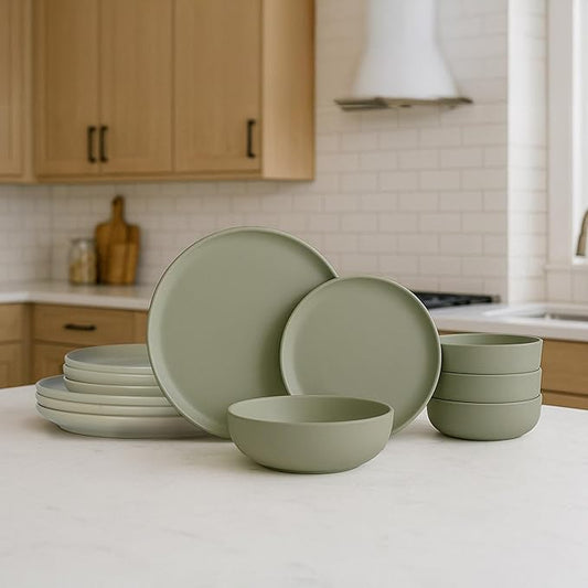 12-Piece Matte Green Dinnerware Set,Stoneware Dinnerware for 4, Microwave & Dishwasher Safe, Stackable Design for Kitchen and Dining - Plates and Bowls