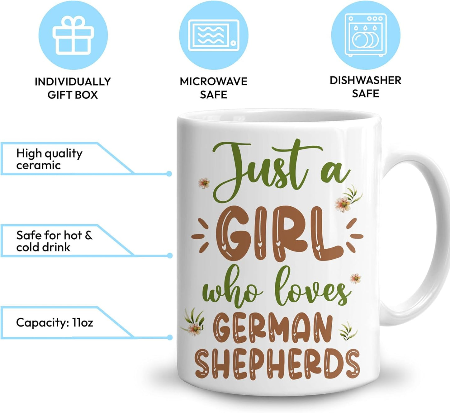 Hyturtle Personalized Gifts German Shepherd Lover - Just A Girl Who Loves German Shepherds Custom Name Ceramic Coffee Mug Cup 11oz - Idea Cute Dog Lover Gifts For Women, Girl On Birthday, Christmas