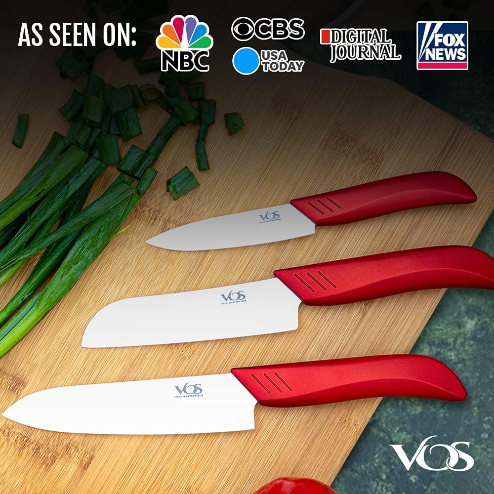 Vos Ceramic Knife Set in Elegant Gift Box, Ceramic Knives Set For Kitchen, Ultra Sharp Kitchen Knife Set with Covers, 4" 5" 6" Paring, Santoku & Chef Knife, Lightweight, Dishwasher safe (Red Handle)