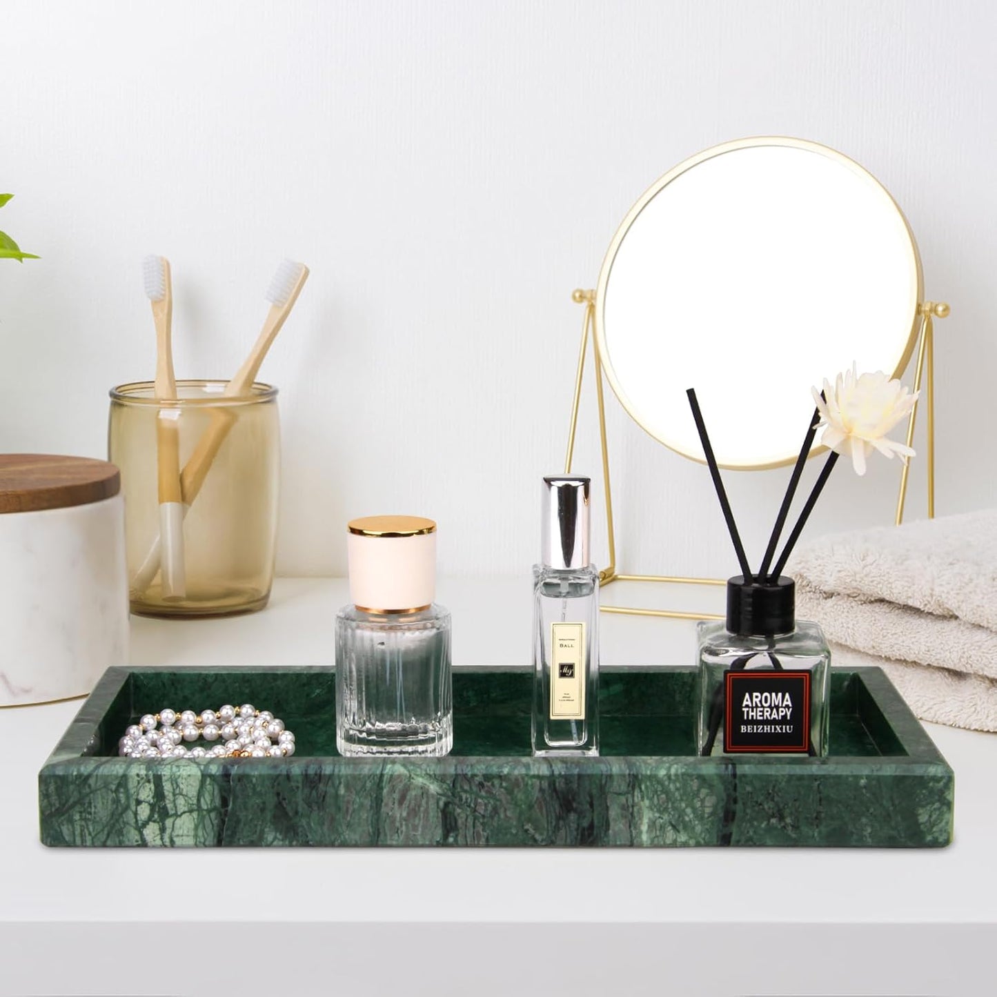 Marble Bathroom Vanity Tray,Luxury Natural Stone Small Decorative Tray,Soap Dispenser Dresser Top Perfume Home Kitchen Toilet Tank Sink Tray for Soap Bottles, Key Trinket Ring Tray(Green)