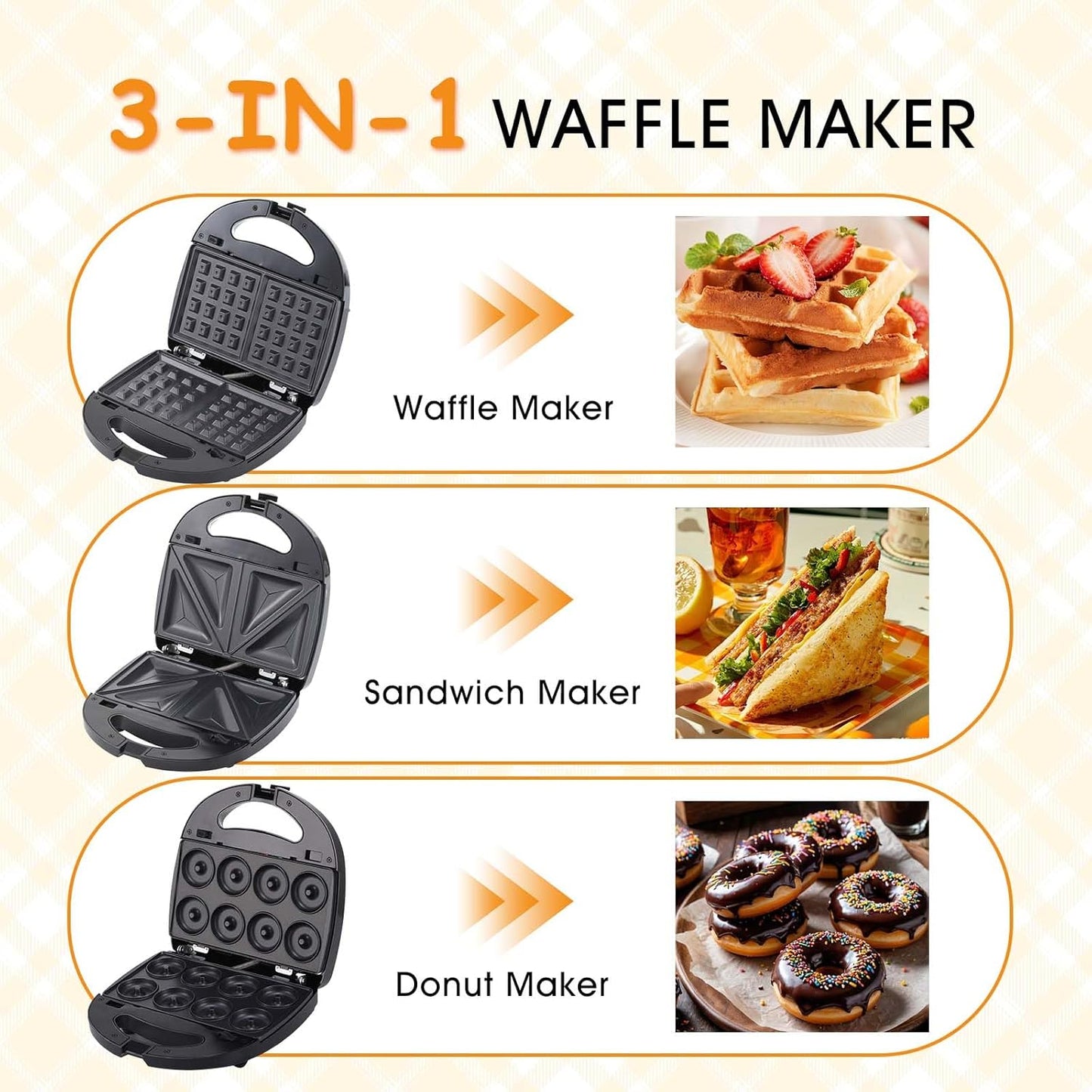 3-in-1 Mini Waffle Maker with Non-Stick Plates, Electric Sandwich Maker, Mini Donut Maker, Breakfast Sandwich Maker Press with Removable Plates, Compact Design & Adjustable Temperature Knob
