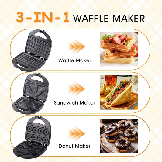 3-in-1 Mini Waffle Maker with Non-Stick Plates, Electric Sandwich Maker, Mini Donut Maker, Breakfast Sandwich Maker Press with Removable Plates, Compact Design & Adjustable Temperature Knob