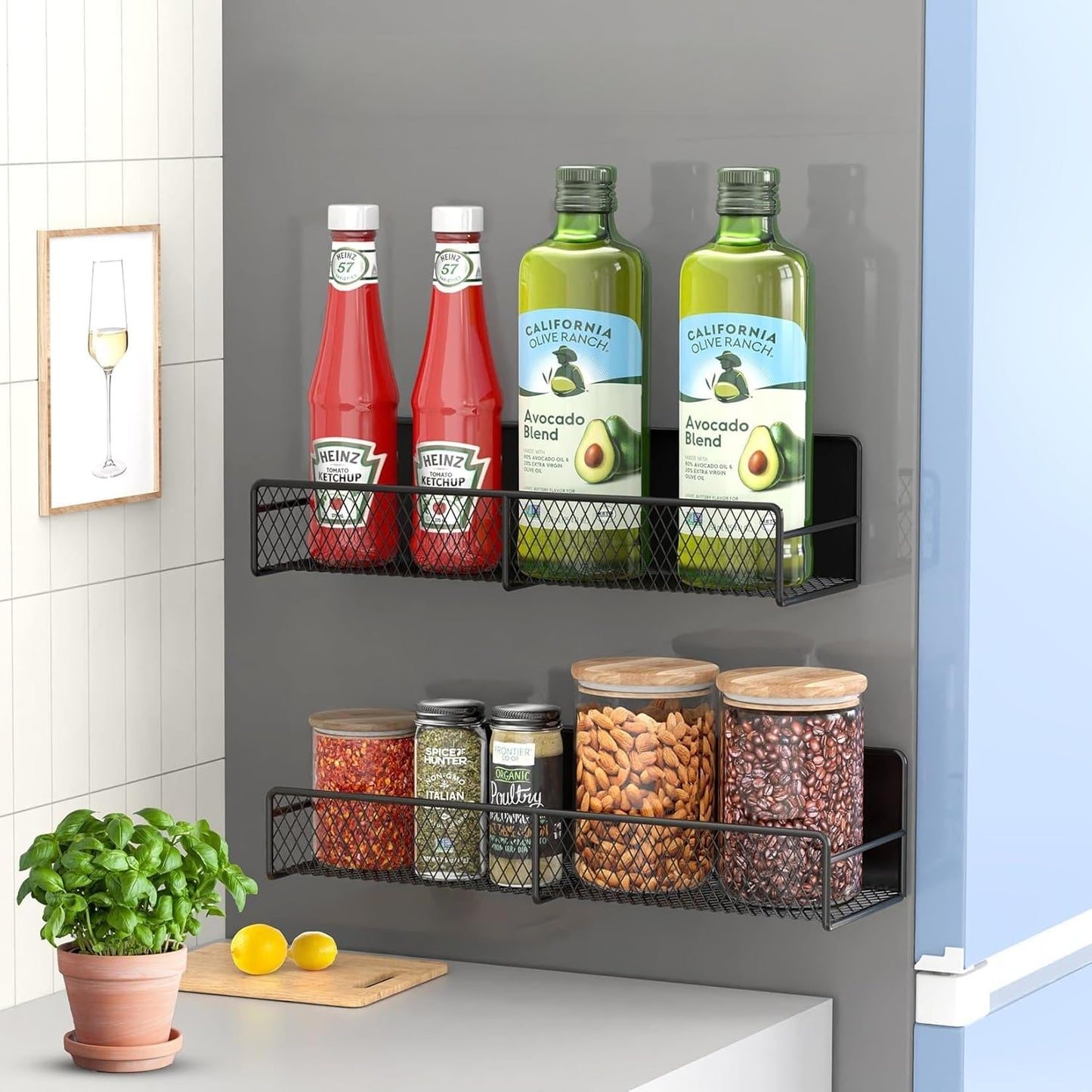 Magnetic Spice Rack for Refrigerator, 2 Pack Magnetic Shelf for Fridge with 4 Hooks, Black Magnetic Shelves, Organization and Storage Kitchen, Magnet Shelf for Fridge, Cabinet Organization