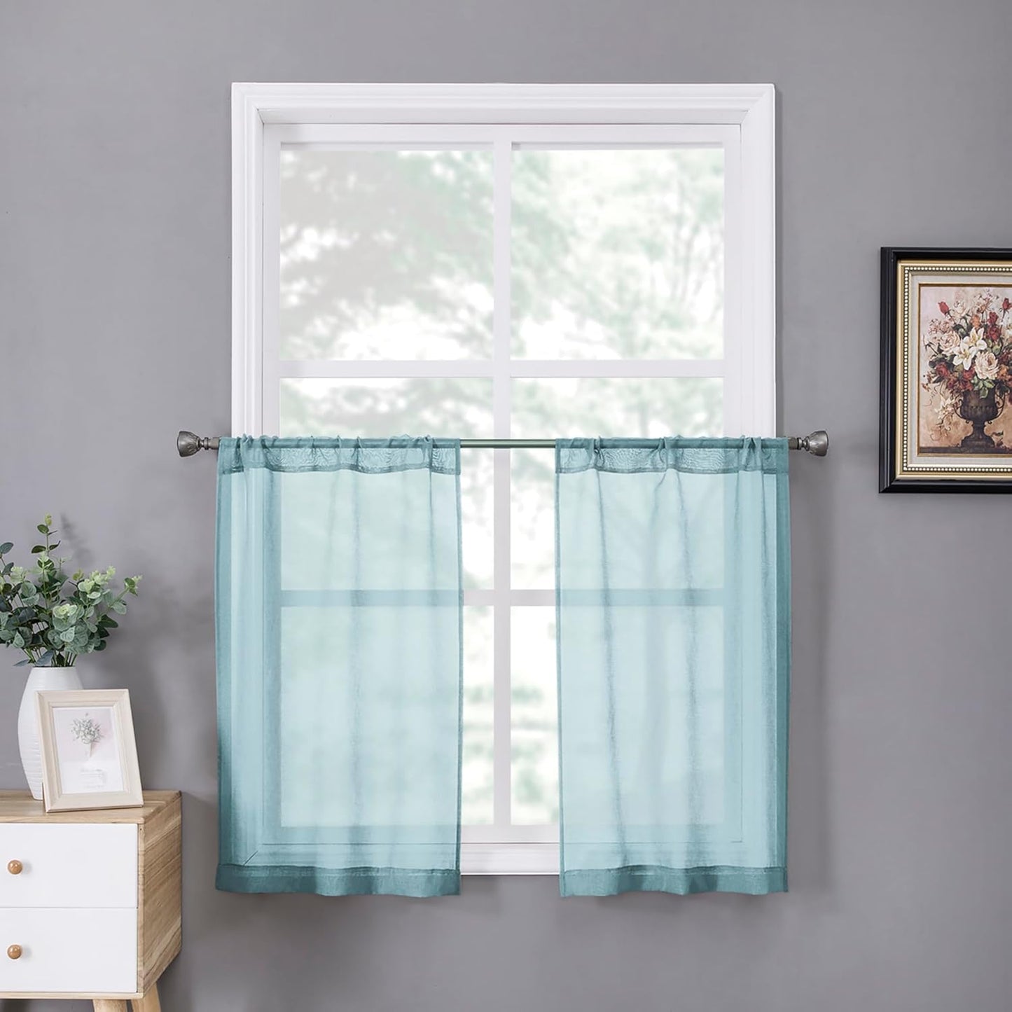 Tollpiz Sheer Tier Curtains Kitchen Linen Textured Half Curtain Sheers Light Filtering Rod Pocket Voile Bathroom Short Curtains for Farmhouse, 25 x 30 inches Long, Dusty Blue, Set of 2 Panels