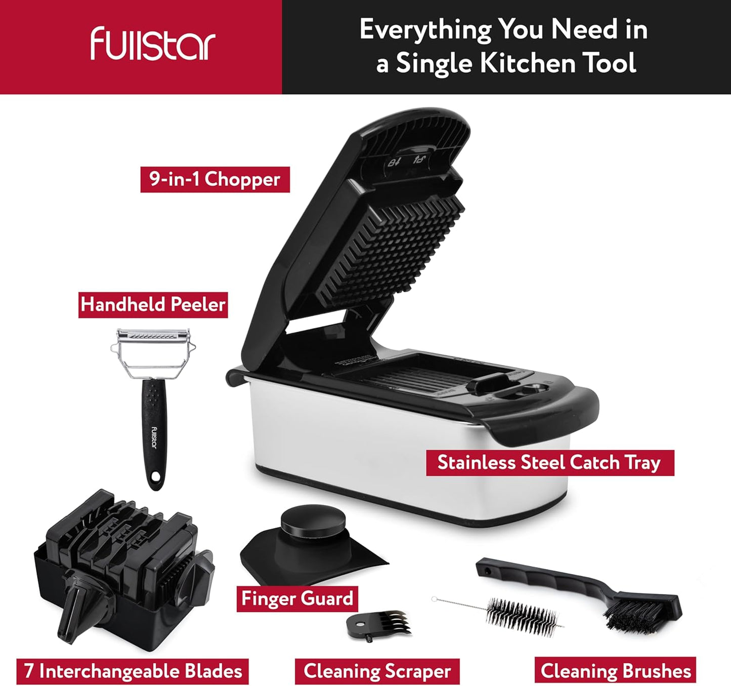 Fullstar The Original Pro Chopper - Vegetable Chopper and Spiralizer, Food Chopper with Container, Fruit Slicer, Kitchen Gadgets & Accessories, Home Essentials (9 in 1, Stainless Steel)