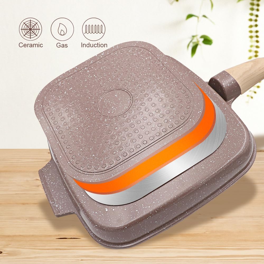 Nonstick Griddle Pan with Lid 10 Inch, Ceramic Coating, Detachable Handle, PFOA Free, Brown