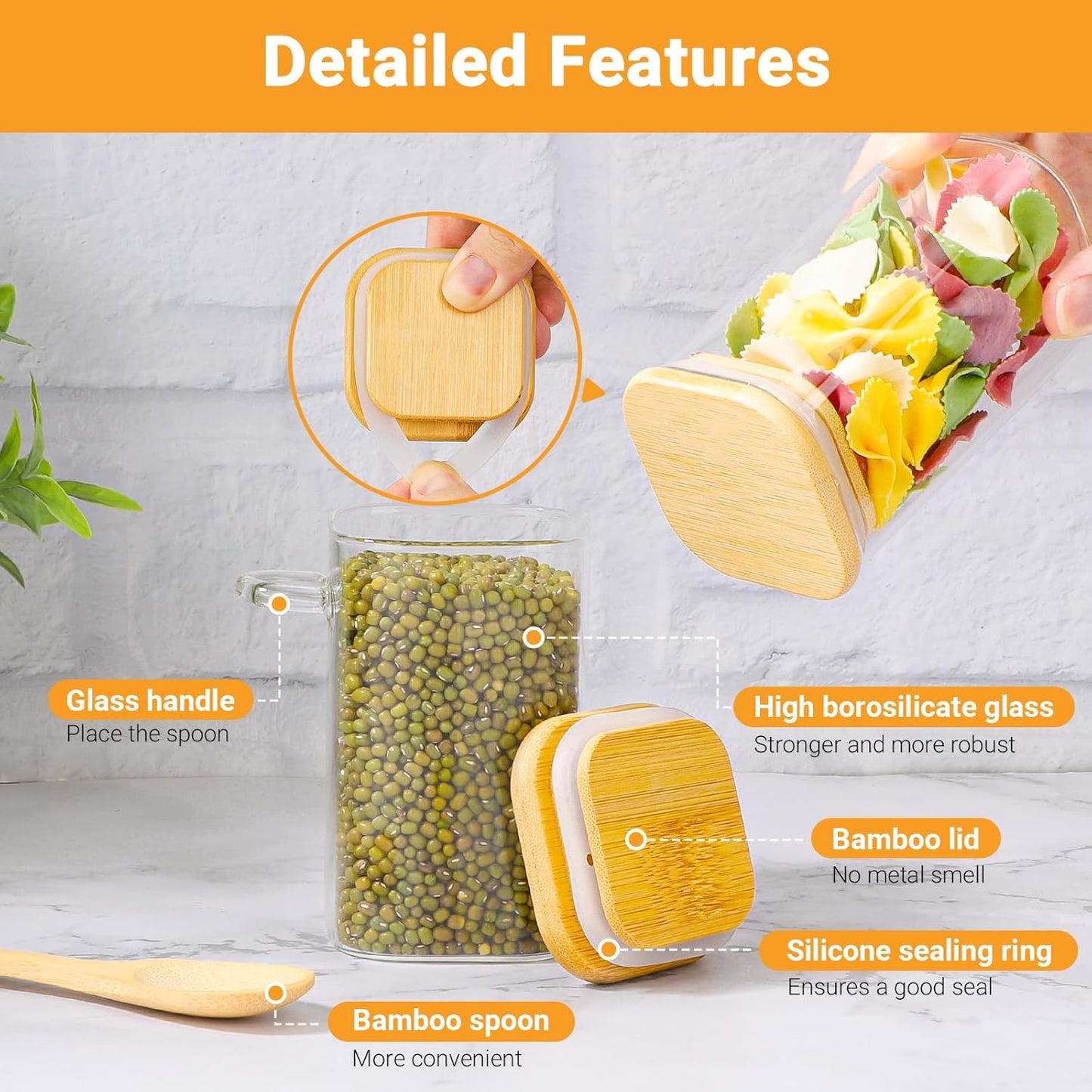 Glass Jars with Bamboo Lids and Spoons - 2 Pack 8 Fl.oz Square Glass Spice Jars with Lid, Small Food Canister Stackable Pantry Container for Honey Jam, Seasoning, Tea, Coffee and Sugar