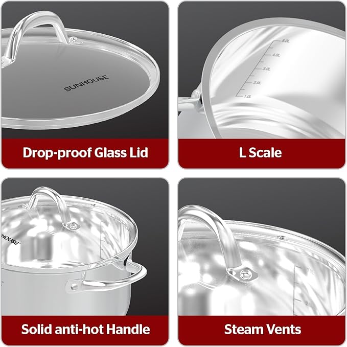 SUNHOUSE Stainless Steel Stock Pot - 11 Quart Heavy-Duty Induction Cooking Pot with Visible Lid for Pasta, Soup, Spaghetti - Nonstick Thick-Bottom Deep Stockpot for Canning, Boiling, and Simmering