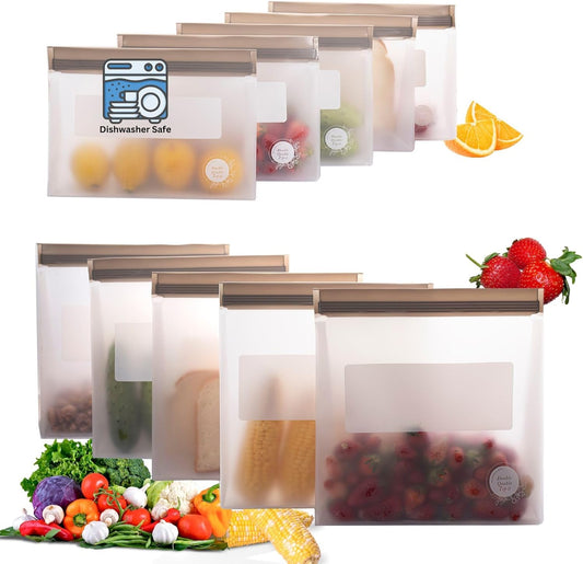 Reusable Food Storage Bags – 10-Pack Stand-Up, BPA-Free, Freezer, Dishwasher Safe & Eco-Friendly – 5 Gl, 5 L Bags – Airtight Leakproof Ziplock Bags for Kitchen Storage (Grey)