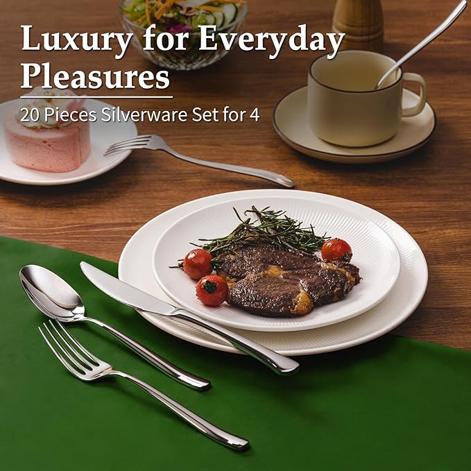 Aisoso 20-Piece High-End Silverware Set with Forks Spoons and Knives, Stainless Steel Serving Utensils for 4 with Mirror Finished Handle, Durability and Dishwasher Safe for Restaurant, Weddings