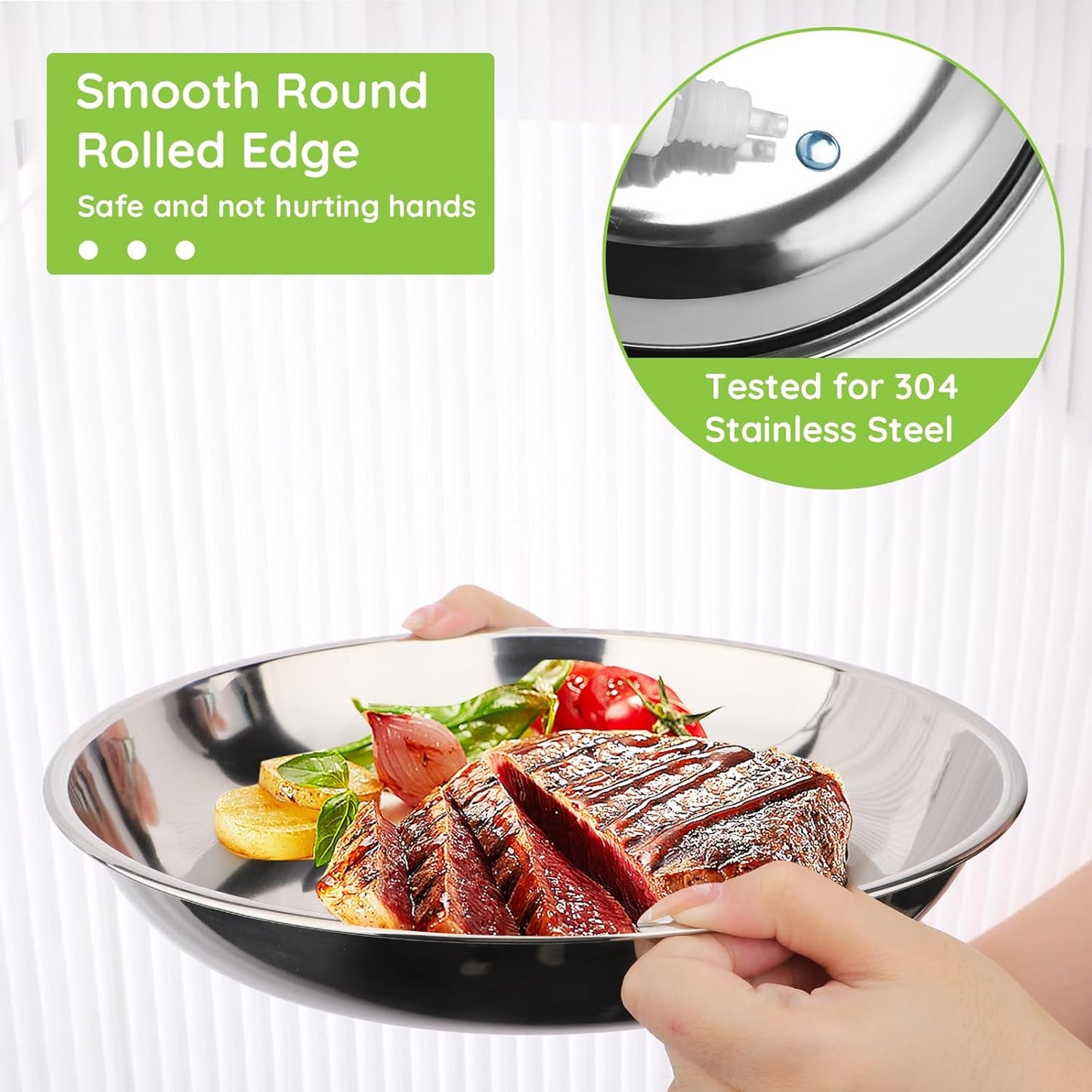 Patterned Deep Stainless Steel Plates, 4 Set 7 inch 304(18/8) Metal Food Serving Plate, Reusable Snack Eating Dishes Round Shatterproof Silver Dinnerware for BBQ Dinner Oven Dishwasher Safe