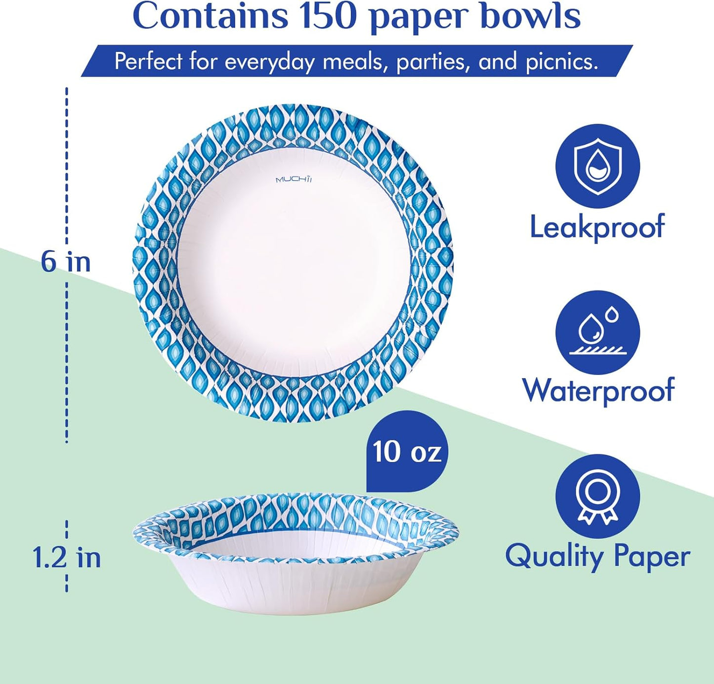 MUCHII 10 Oz Paper Bowls 150 Count Disposable Bowls, Printed Soak Proof Small Bowls for Snacks, Dessert, And Light Lunch Meals