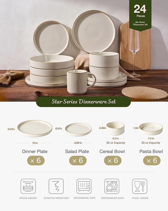Famiware Star Dinnerware Set with Pasta Bowls, Service for 6 (24 Pieces), Ribbed Stoneware Plates and Double Bowls Sets with Trim - Chip & Scratch Resistant, Microwave & Dishwasher Safe Dishes, White