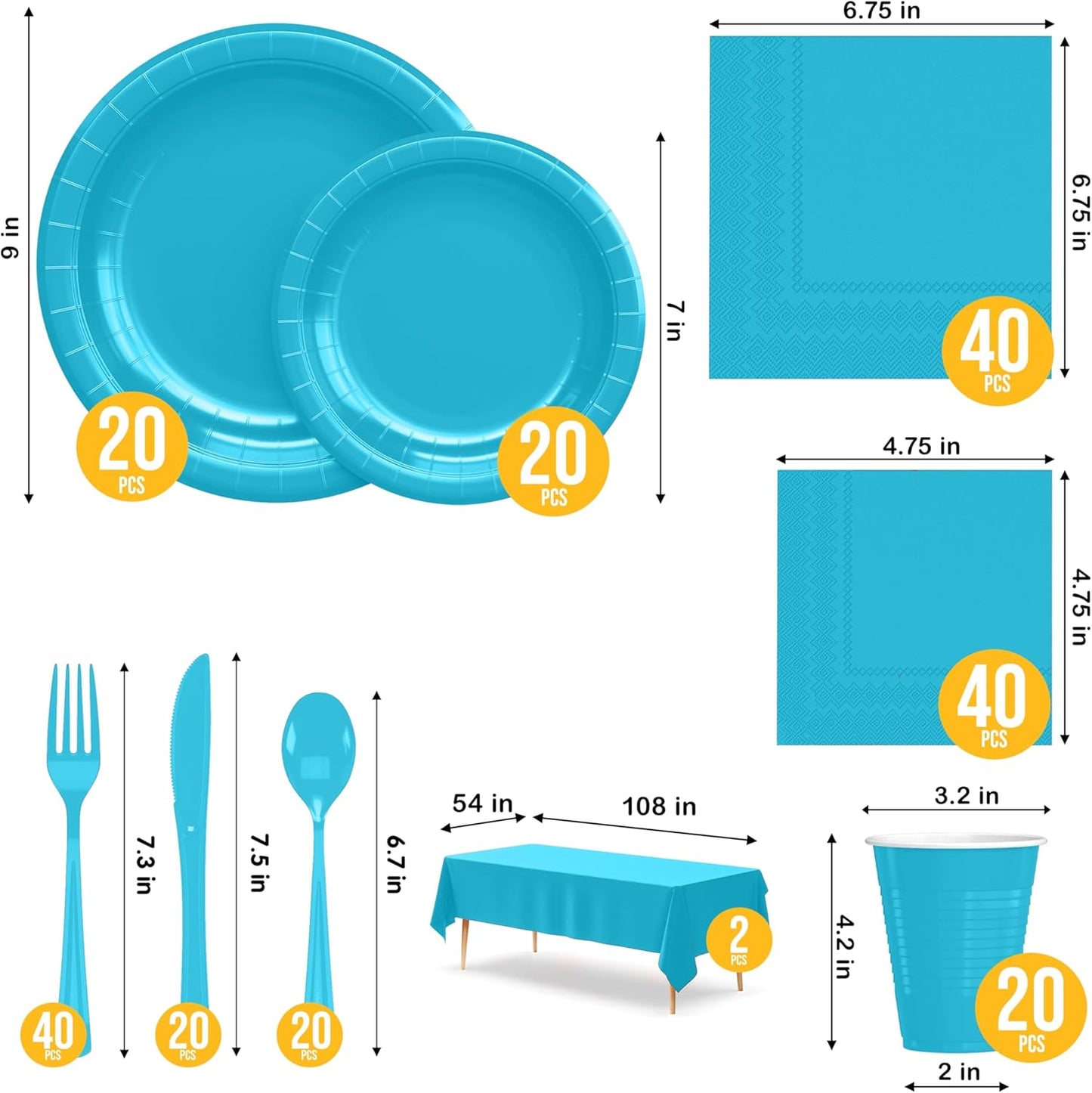 222 Pcs Turquoise Paper Plates and Napkins Sets, Disposable Plates For Party, Lunch & Cocktail Napkins Paper, 18oz Plastic Cups, Cutlery and Turquoise Table cloth Plastic Dinnerware Set