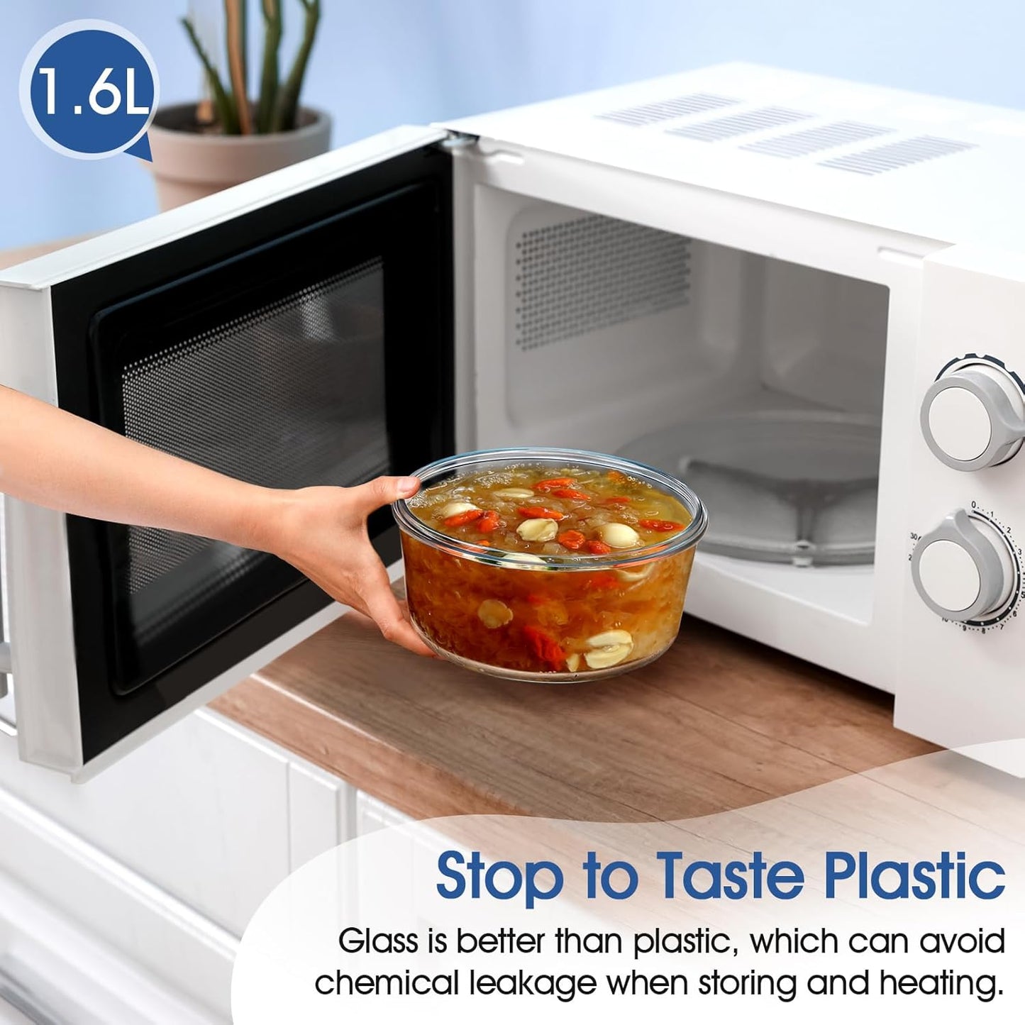 NUTRIUPS 1.6L Glass Food Storage Containers, Round Meal Prep Containers, Glass Bowls With Lid