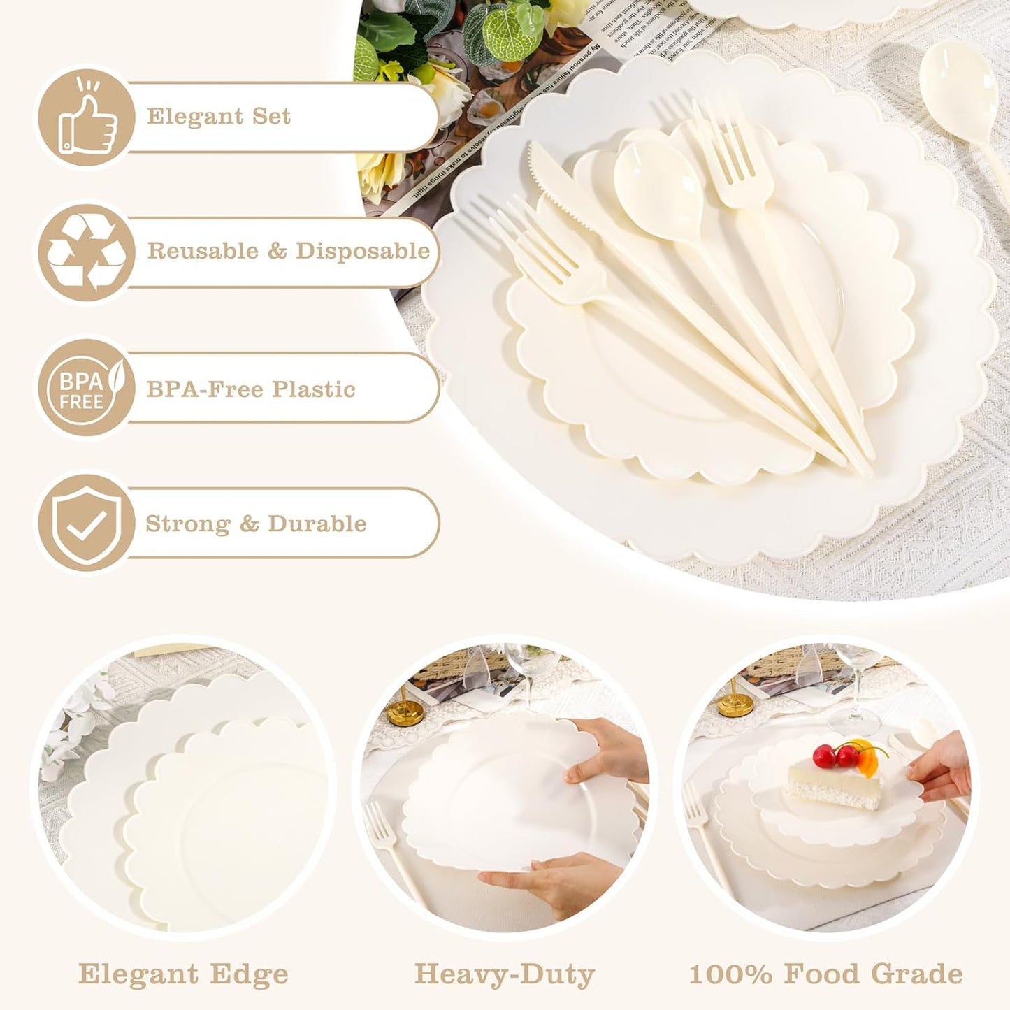 WONDERFUL 150 Pcs Ivory Plastic Plates for Party Disposable Heavy Duty Thanksgiving Plates Ivory Plastic Dinnerware Sets for 30 Guests - 60 Disposable Plate 90 Silverware Sets Scalloped Vintage Design