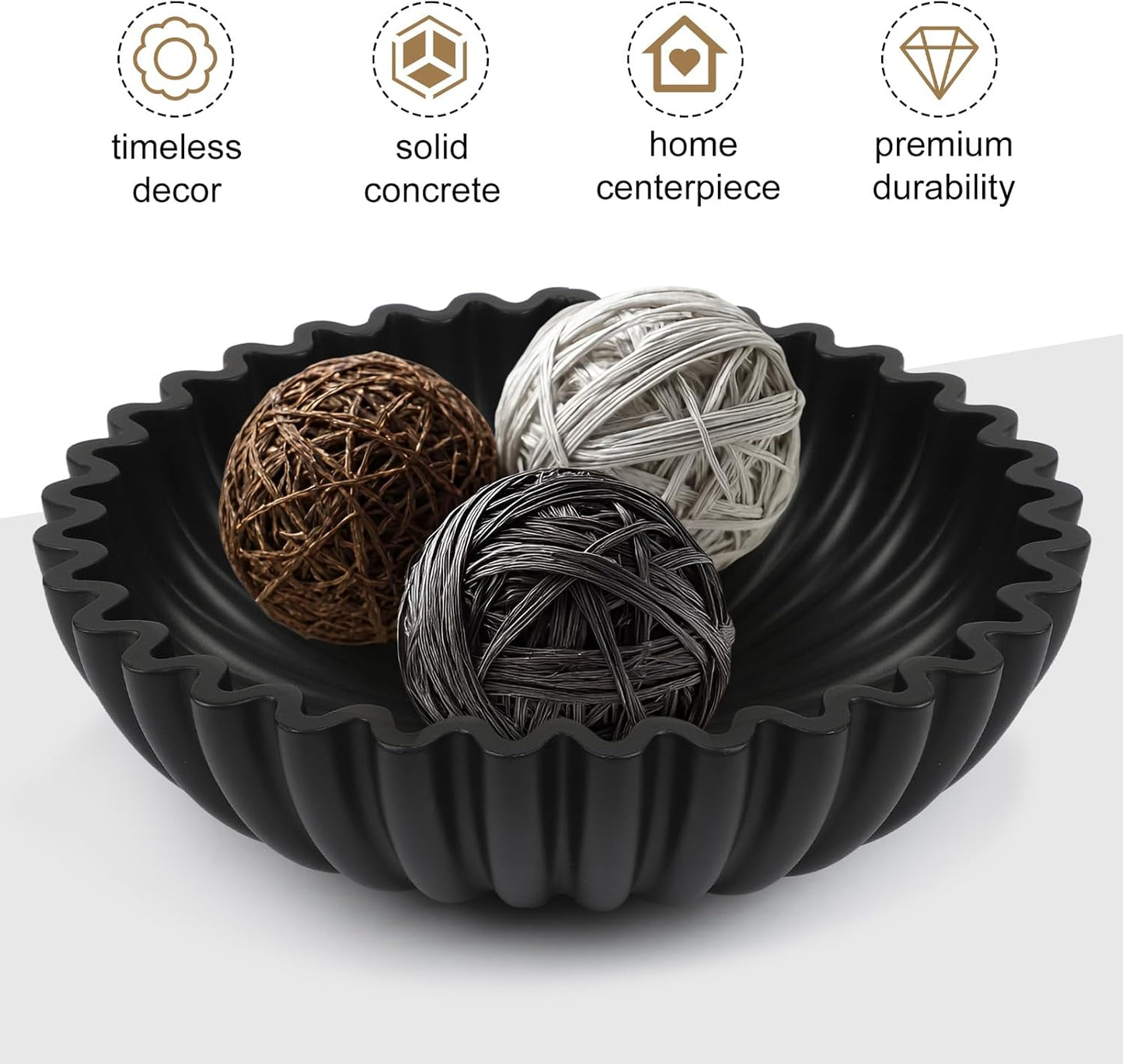 Large Decorative Bowl for Home Decor - Centerpiece for Coffee Table,Dining Table,Kitchen, Entryway Key bowl & Fruit Display - Modern Concrete Stone Design (Black)