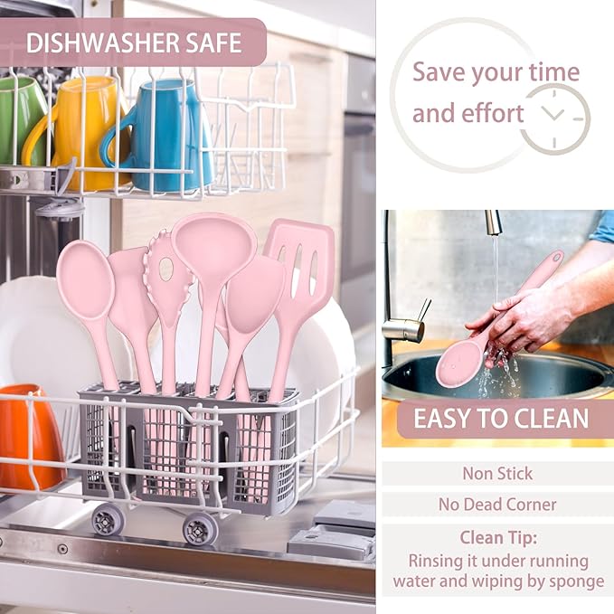 P&P CHEF Silicone Cooking Utensils Set of 7, Heat-proof Kitchen Utensils Set for Nonstick Cookware, Non-stick Spatula, Slotted Turner, Soup Ladle, Pasta Server, Spoon for Cooking Serving - Pink