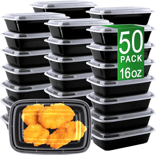 Meal Prep Containers, 50 Pack 16oz (100-Piece) Disposable Take Out Food Storage Containers with Leakproof Lids, Reusable Plastic To Go Lunch Boxes, BPA Free, Microwave/Dishwasher/Freezer Safe