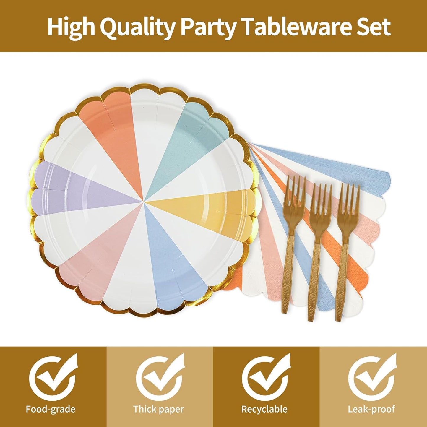 72PCS Colored Paper Plates and Napkins Party Supplies, Gold Foil Edge Scalloped Striped Pastel Plates Napkins Disposable Tableware Set for Birthday Wedding Baby Shower Graduation Party Decoration