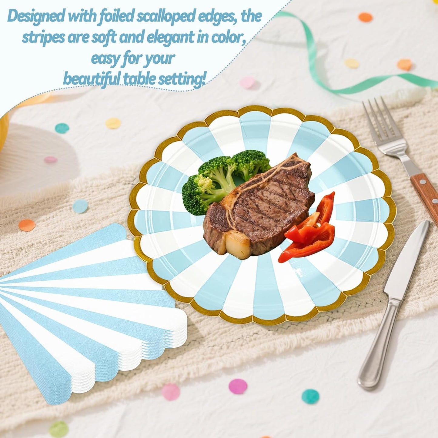 50PCS Blue Striped Paper Plates and Napkins Party Supplies, 7 inch Disposable Gold Foil Scalloped Dessert Plate Party Tableware Set for Birthday Wedding Bachelorette Baby/ Bridal Shower Decorations