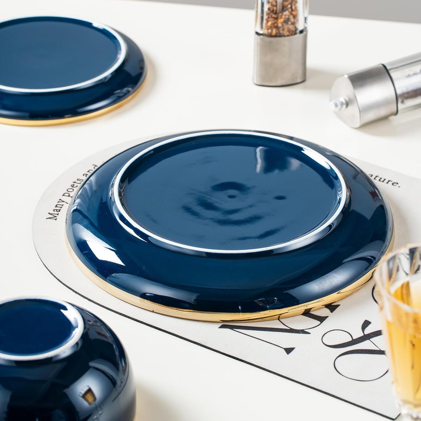 Blue Ceramic Dinnerware Sets for 4, 16-Piece Luxury Plates and Bowls Sets with Gold Rim, Modern Dish Set for Wedding Christmas Anniversary, Crack Resistant | Dishwasher & Freezer Safe