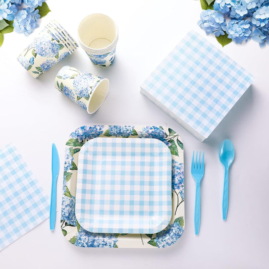 350 Pcs Paper Plates and Napkins Set Disposable Dinnerware Party Supplies Tableware Serve 50 Guest Cups Knife Forks Spoon(Blue,Hydrangea Floral)