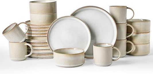 Famiware Star Dinnerware Set with Mugs, Service for 6 (24 Pieces), Ribbed Stoneware Plates and Bowls Dishes Sets - Chip & Scratch Resistant, Microwave & Dishwasher Safe, Cappuccino White