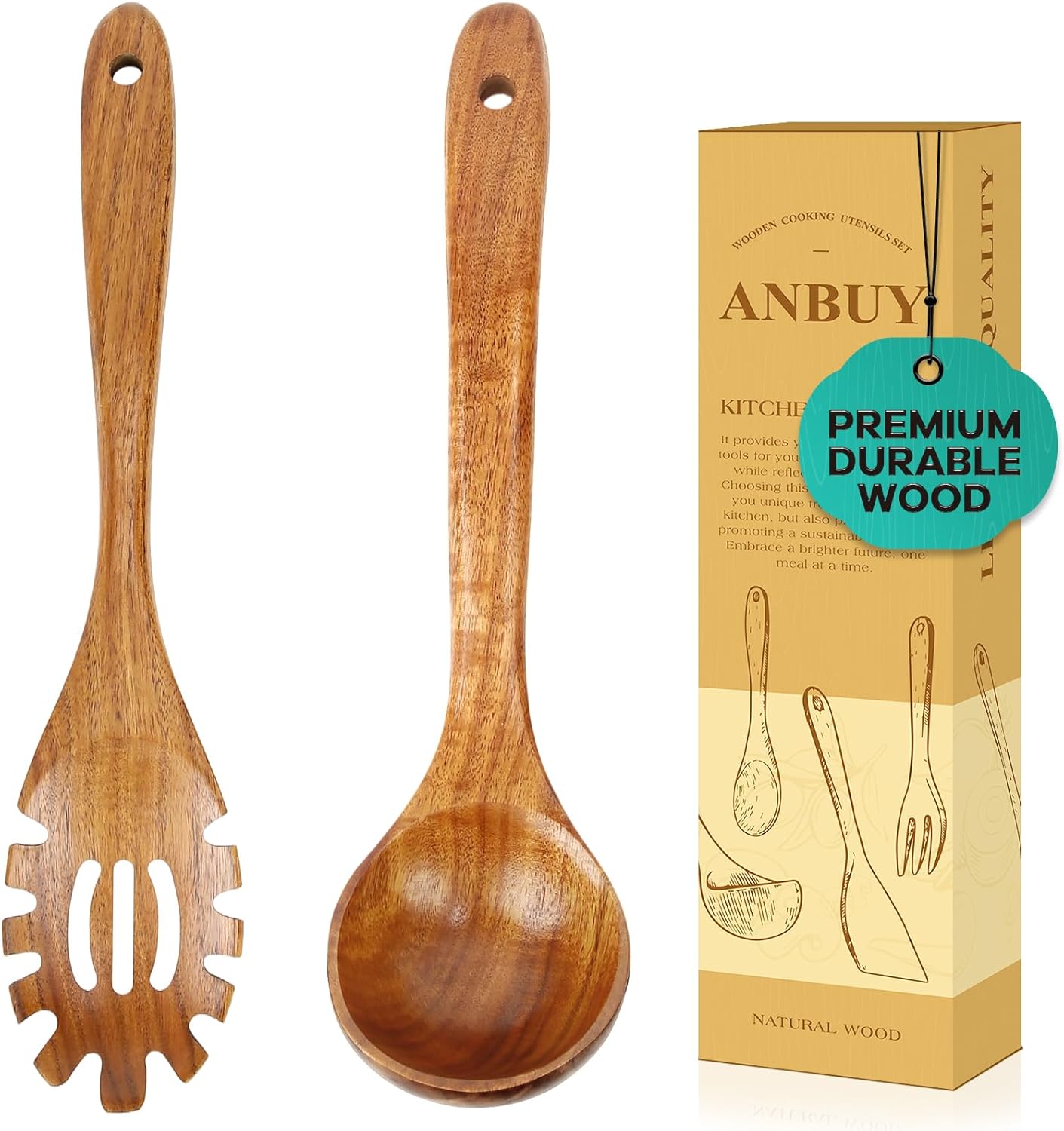 Wooden Spoons for Cooking, Teak Wood Kitchen Utensil Set, Large Soup Ladle and Pasta Slotted Fork Strainer Spoon with Teeth for Cooking Serving Sauce (Ladle and Spaghetti)