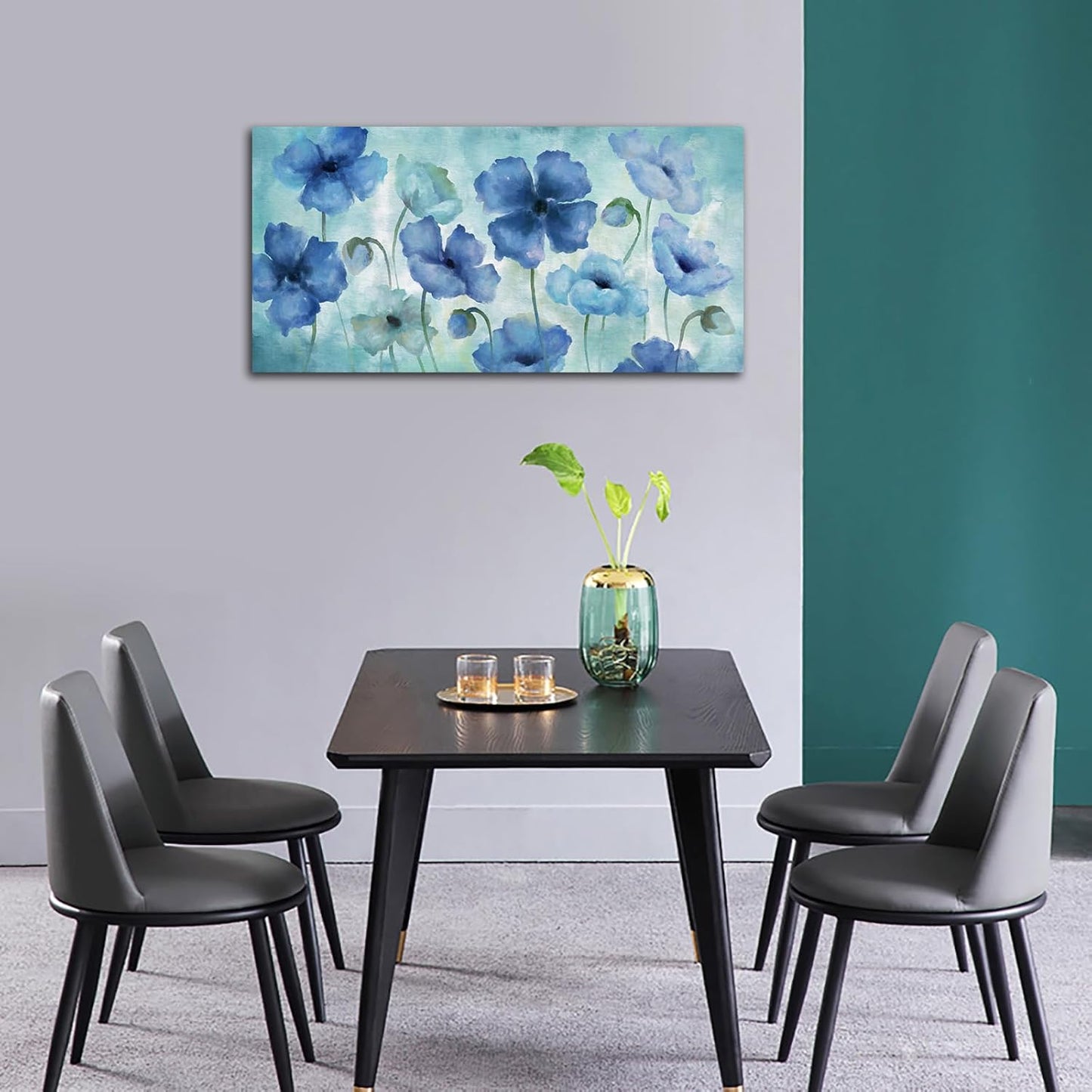 NINEASO Blue Abstract Flowers Wall Art - Elegant Floral Pictures Wall Decor Indigo Blue Green Blossom Canvas Painting Artwork Abstract Flowers Nature Print for Home Office Decoration 20" x 40"