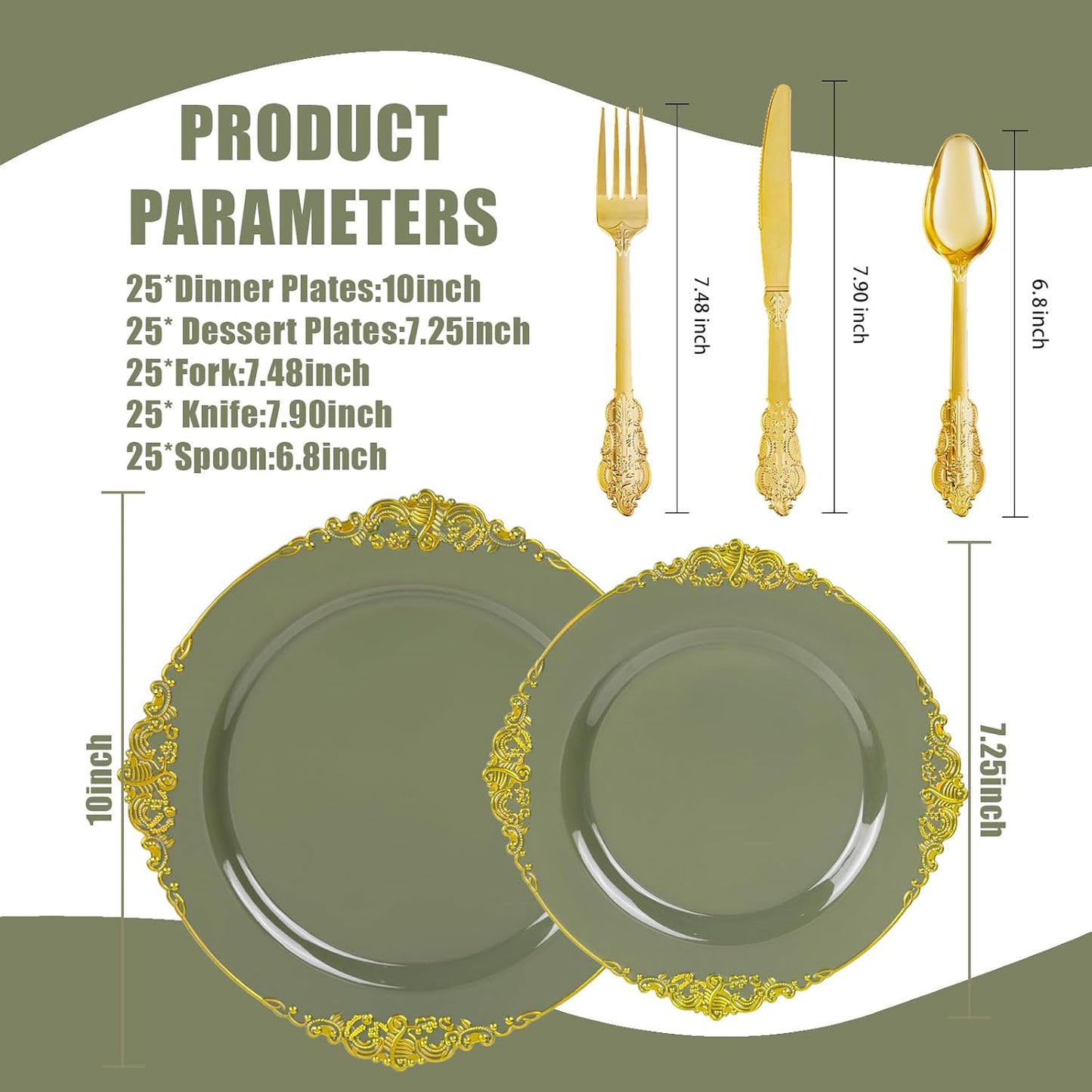 125PCS Olive Green Plastic Plates - Green and Gold Disposable Plates - Vintage Plate with Gold Plastic Silverware Sets for 25 Guests for Christmas & Party