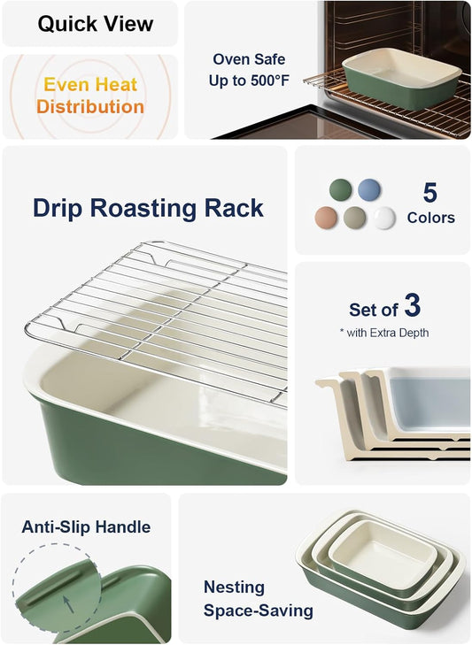 LE TAUCI Deep Casserole Dishes for Oven, 13.7”x9.6” Ceramic Baking Dish Set with Roasting Racks, Large Lasagna Pans with Handles, Rectangular Bakeware as Gift for Mom, Forest Green (4.6QT/3.0QT/1.6QT), Set of 3