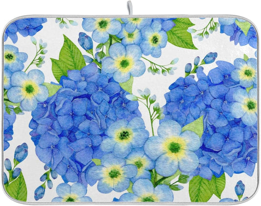 Watercolor Hortensia Blue Flowers Dish Drying Mat Super Absorbent Drying Mat 18x24 inch Large Dish Drying Mats for Kitchen Counter Dish Drying Pads Kitchen Drying Matt for Countertop