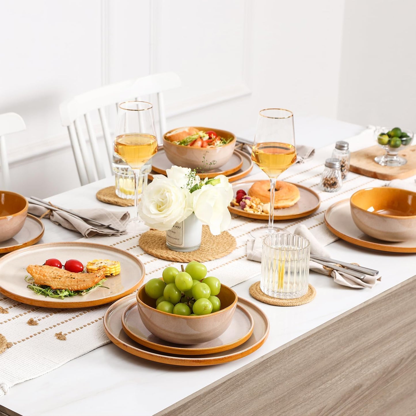 Vicrays Ceramic 12 Pieces Dinnerware Set - Dinner Plates Salad Plates Cereal Bowls Set Service for 4 - Scratch Resistant Microwave Oven Dishwasher Safe - Beige