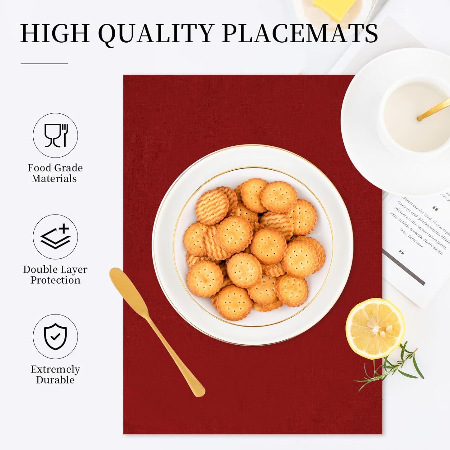 Placemats Set of 6 Linen Type Fabric Cloth Placemats, 19 x 13 Inch Double Layered Thick Wrinkle Free Heat Resistant Table Place, for Dining, Kitchen, Party (Burgundy, 48 * 33cm)