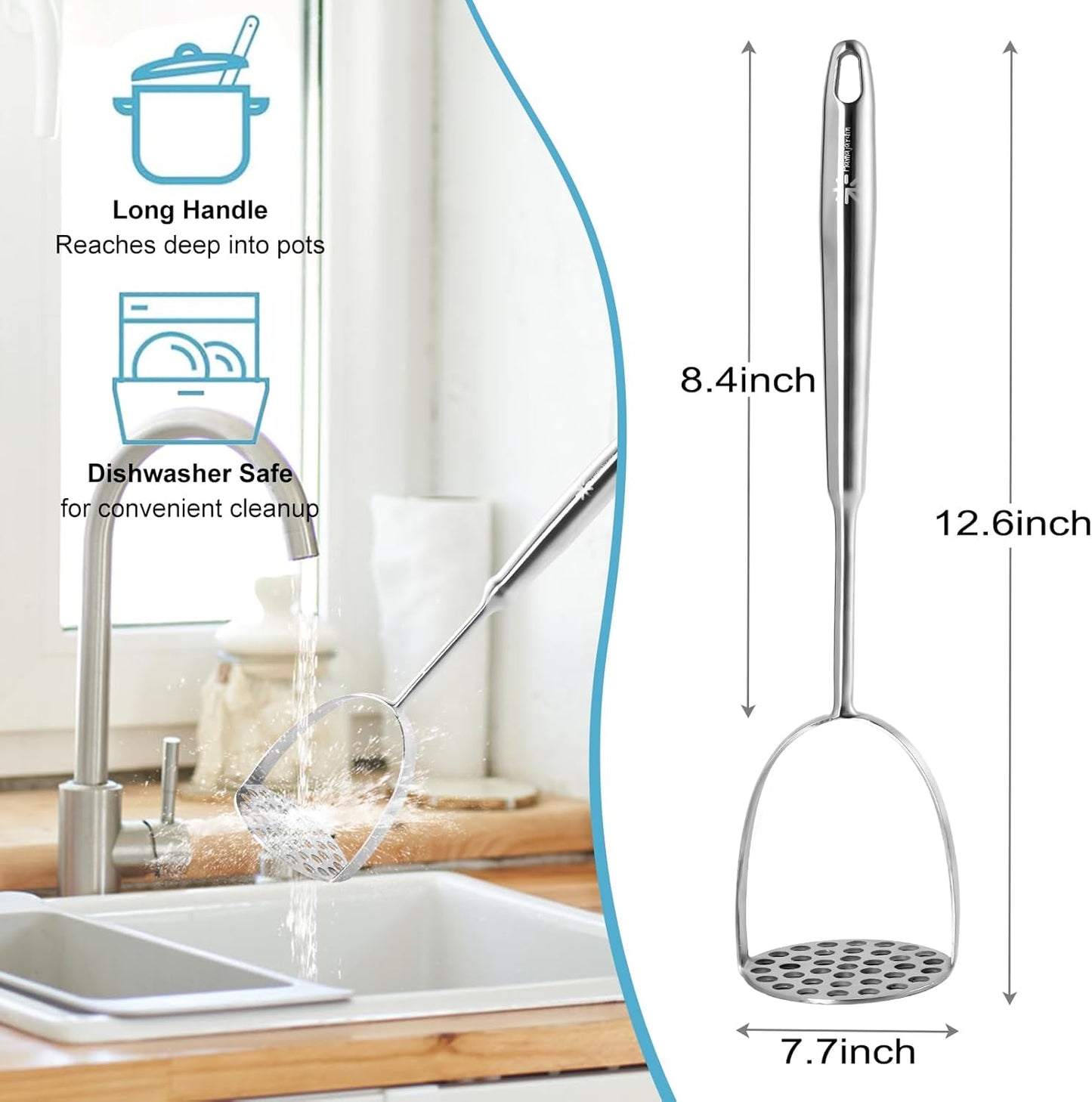 Potato Masher Stainless Steel - Mashed Potato Masher Kitchen Tool，Potato Smasher for Avocado, Tomato, Fruit & Vegetables, Pet Food, Heavy Duty Metal Bean Masher Utensil, Dishwasher Safe, 12.5-Inch