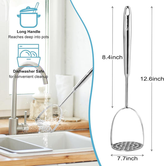 Potato Masher Stainless Steel - Mashed Potato Masher Kitchen Tool，Potato Smasher for Avocado, Tomato, Fruit & Vegetables, Pet Food, Heavy Duty Metal Bean Masher Utensil, Dishwasher Safe, 12.5-Inch