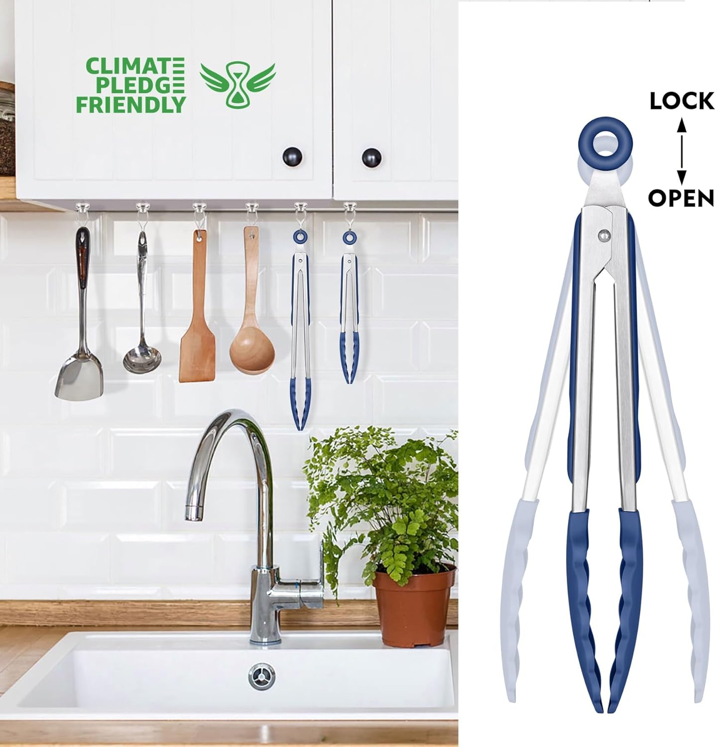 HOTEC Premium Stainless Steel Locking Kitchen Tongs with Silicon Tips, Set of 2-9" and 12", Classic Blue