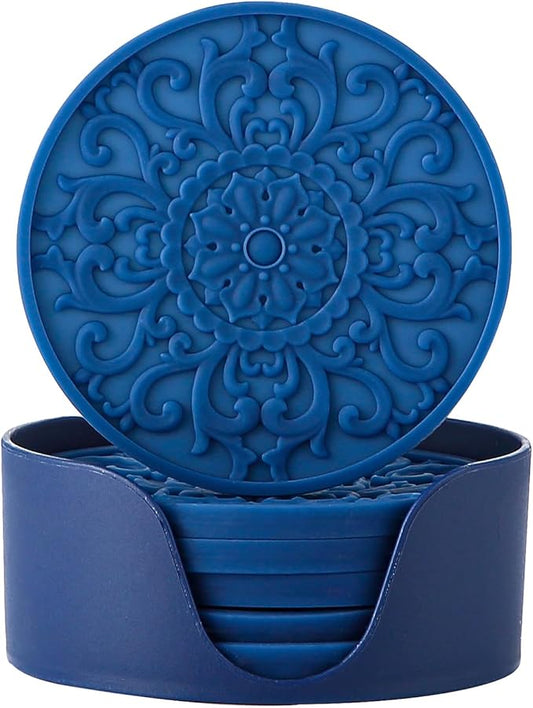 Colinda Silicone Coasters - Set of 6 with Holder, Non-Slip Cup Mats for Hot and Cold Drinks, Decorative Designs, Gift Ready Packaging, Navy Blue