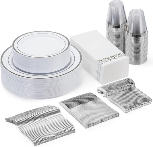 Goodluck 175 Piece Silver Dinnerware Set for 25 Guests, Plastic Disposable Plates for Party, Includes Dinner and Dessert Plates, Paper Napkins, Cups, Silverware Set