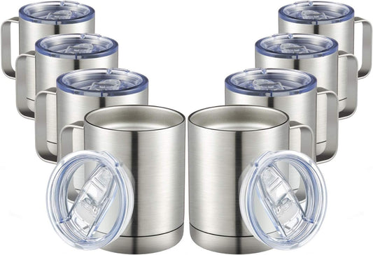 MEWAY 12oz Coffee Mug With Handle 8 Pack Bulk,Stainless Steel Insulated Travel Tumblers With Sliding Lid,Double Wall Vacuum Camping Cup for Hot & Cold Drinks Tea (Sliver,Set of 8)