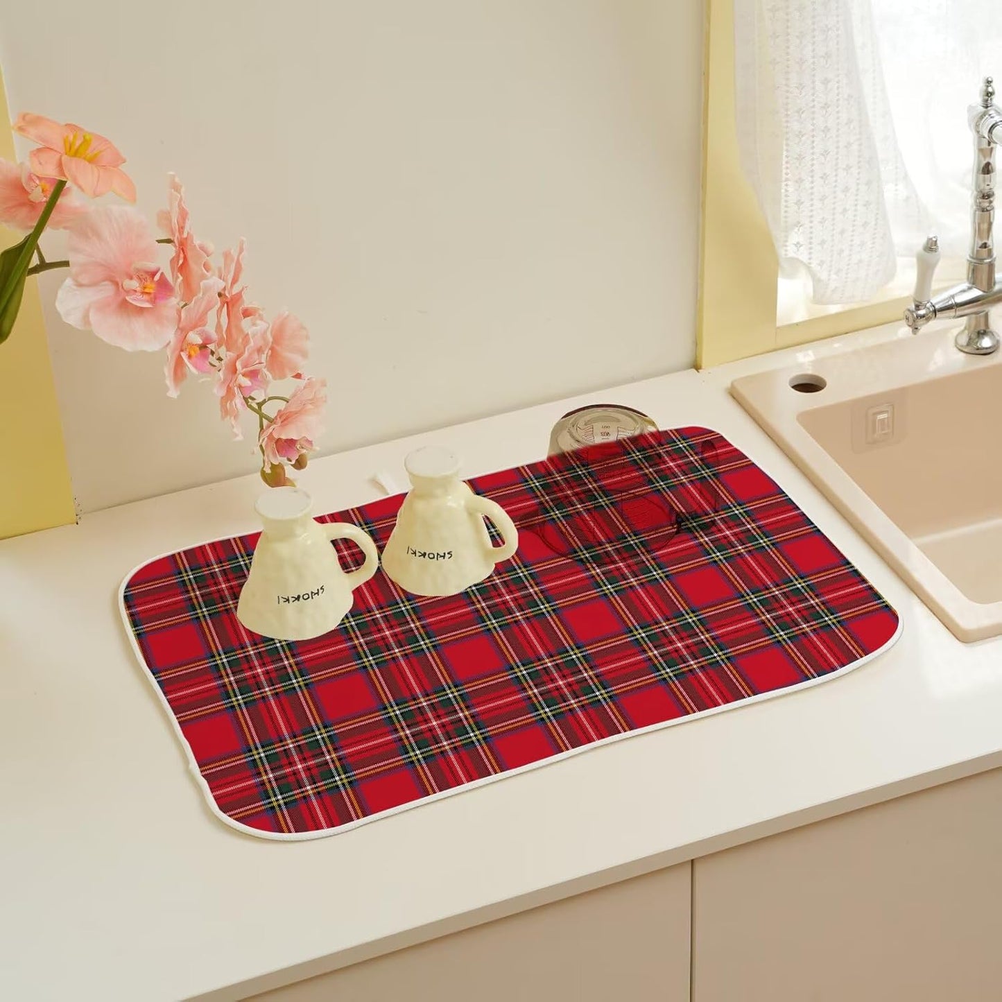 Christmas Dish Drying Mat 18 x 24 inch Red Buffalo Plaid Decorative Drying Mats Microfiber Absorbent Xmas Holiday Dish Washable Draining Mat for Kitchen Counter Decor