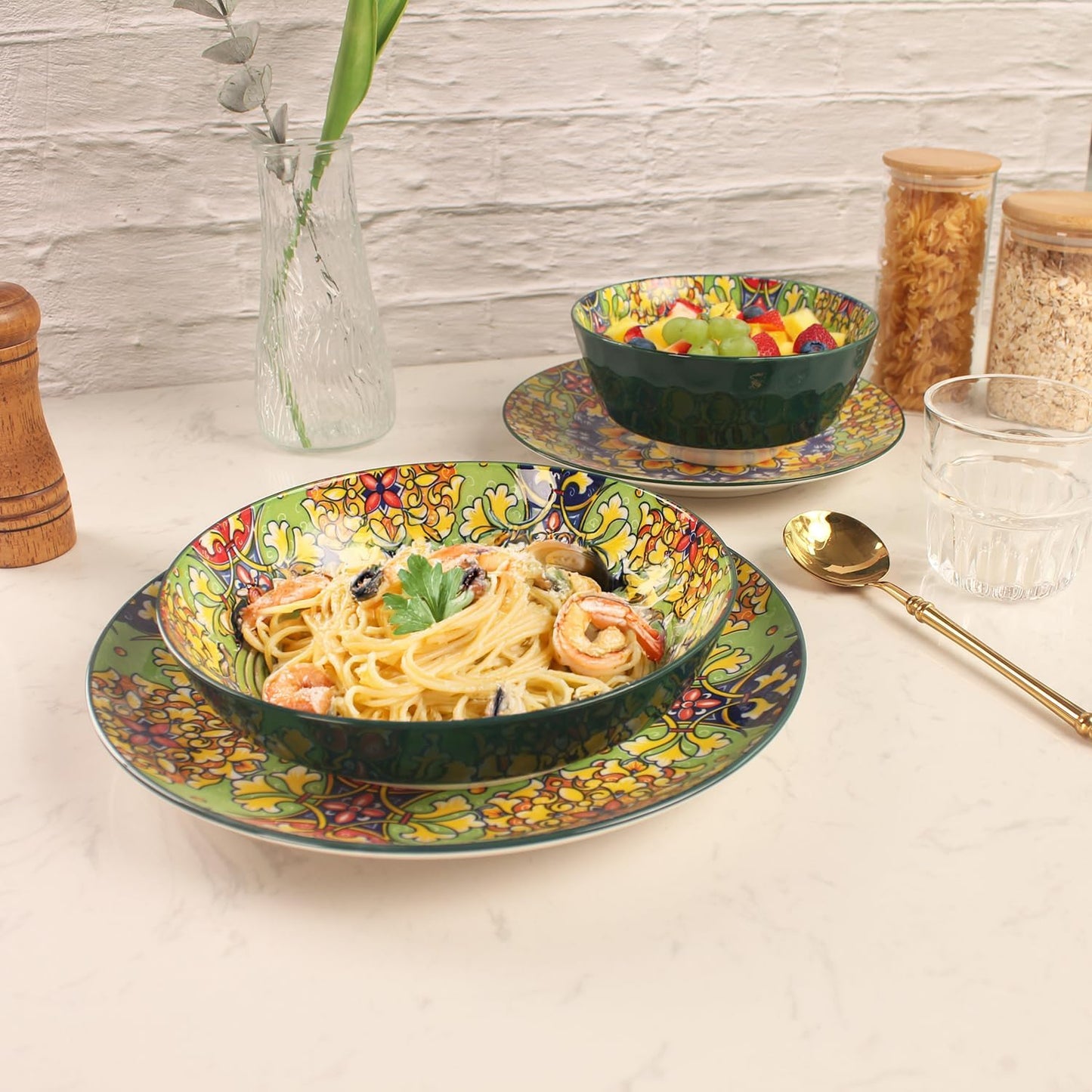 Mandala Dinnerware Sets, Plates and Bowls Set, Porcelain Dishes Service for 4, Zanzibar, Bohemian Style Dining Ware, for Kitchen and Dining Multicolor Dinnerware Set, Green 16 pieces