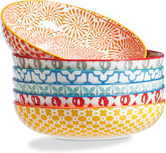 ONEMORE Colorful Pasta Bowls Set of 6, 36oz - Oven/Microwave/Dishwasher Safe Ceramic Wide Bowl for Dinner - Stackable, Scratch Resistant - Assorted Colors