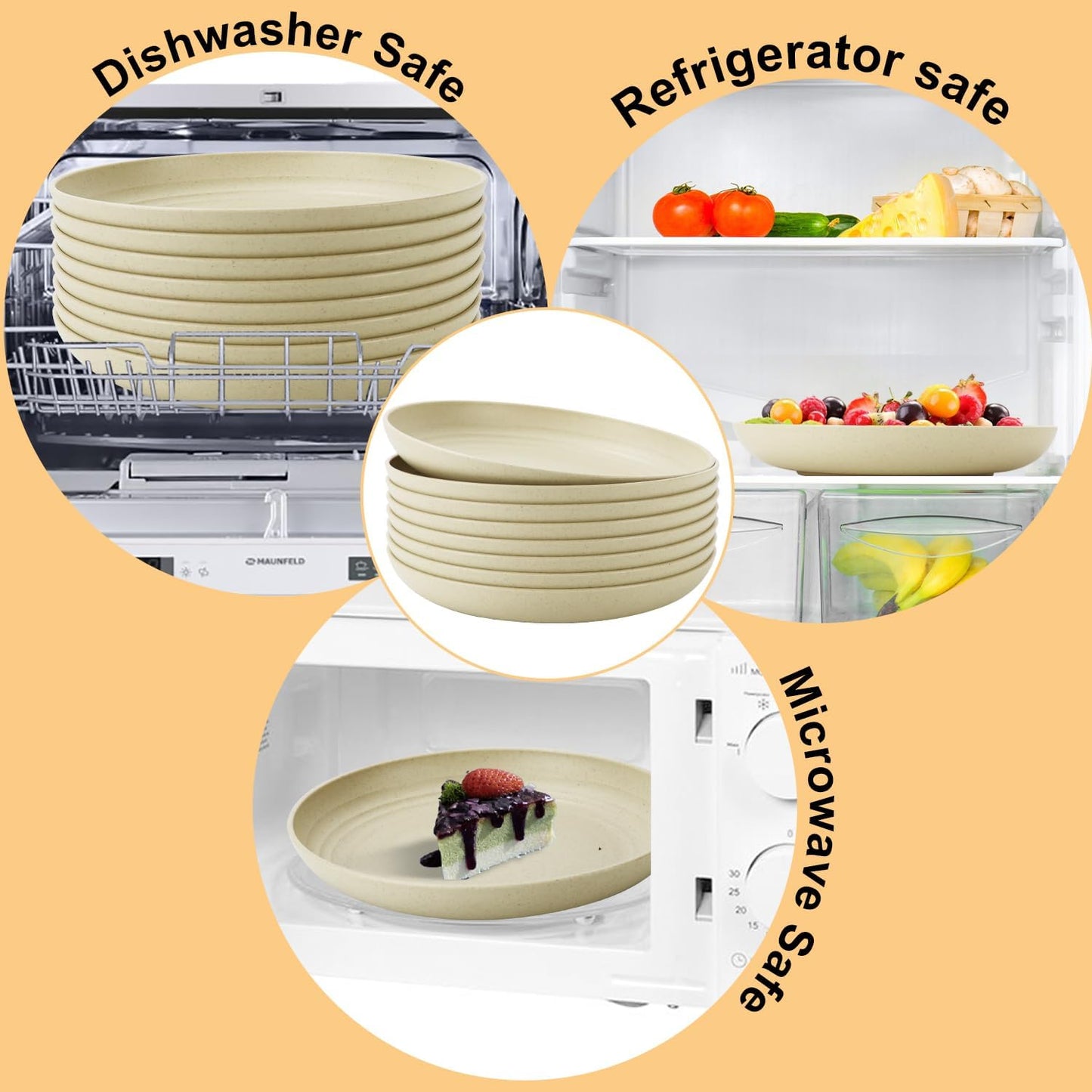 Wheat Straw Dinner Plates Set of 8, 10 Inch Beige, Lightweight & Unbreakable, Microwave & Dishwasher Safe Kids Plates